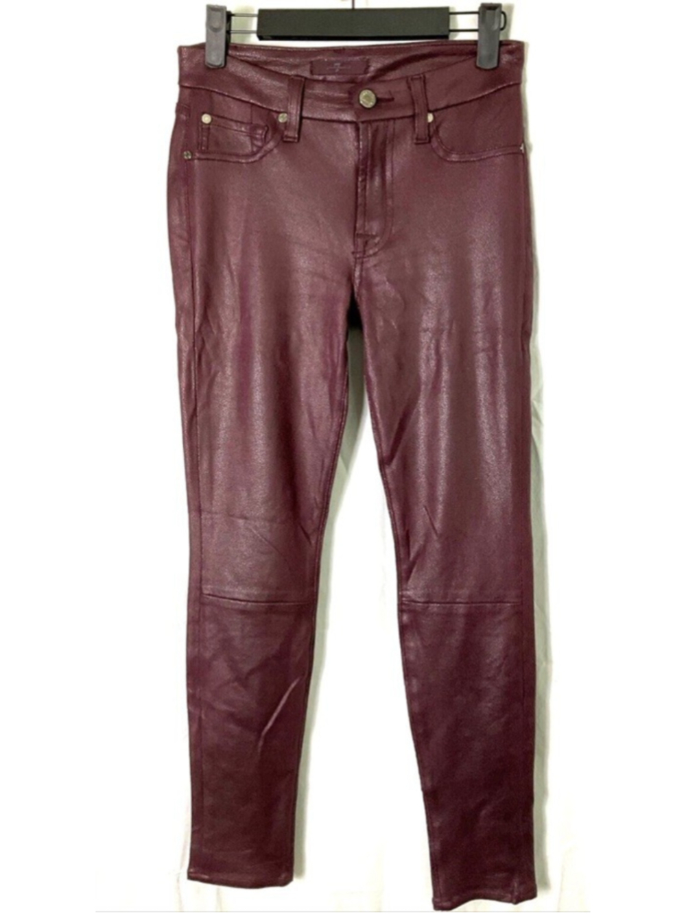 7 For All Mankind Coated Skinny Pants Burgundy Leather Look Maroon Sz 24 Slim